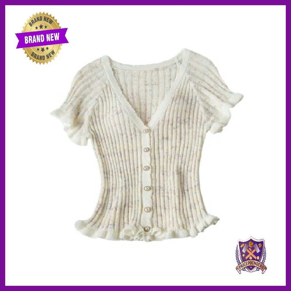 Pearl Beaded Short Sleeve Sweater V-Neck Ruffle Trim Knit Top - Picture 2 of 5